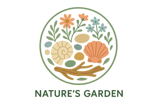 icon for nature's garden seashells, rocks, flowers, wood